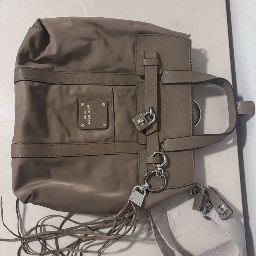 Henri Bendel mini Jetsetter convertible backpack tan beige nylon with tassell